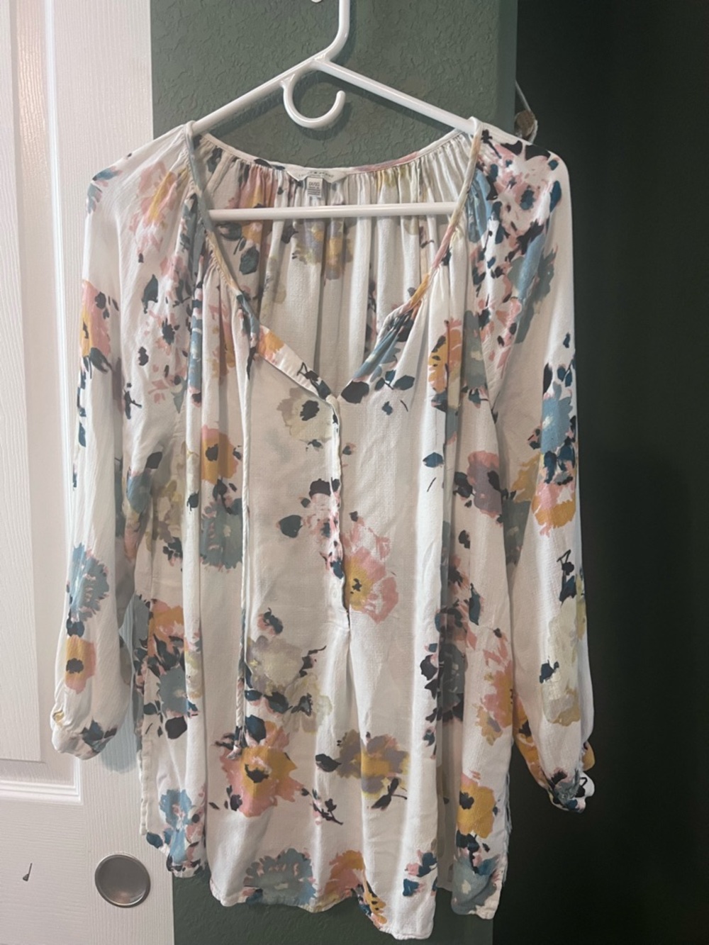 Lucky Brand White Floral Peasant Blouse with Blue, Pink & Yellow Accents